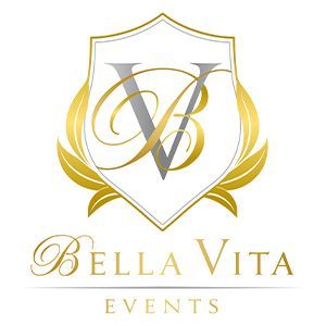 The logo for bella vita events is a shield with a letter v on it.