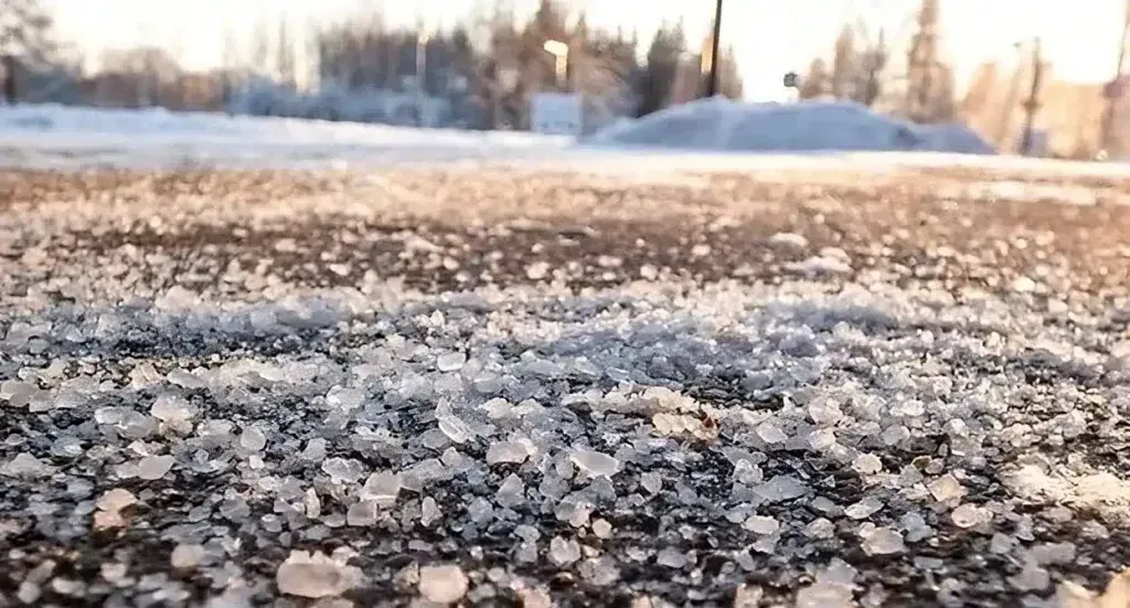 A close up of a snow covered road with trees in the background.