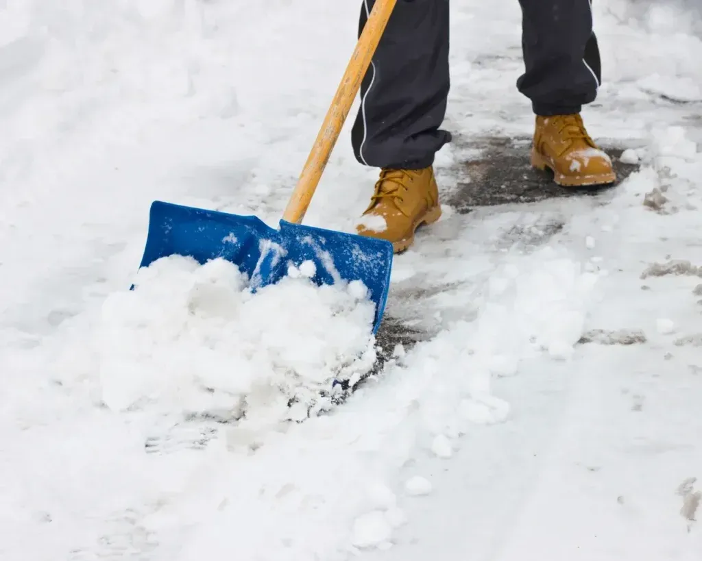A person is shoveling snow from the ground with a blue shovel.