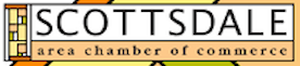 Scottsdale Area Chamber of Commerce logo. White text on a beige background; the logo is outlined in green, yellow, and orange.