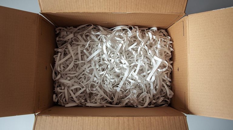 Cardboard box filled with white shredded paper for cushioning.