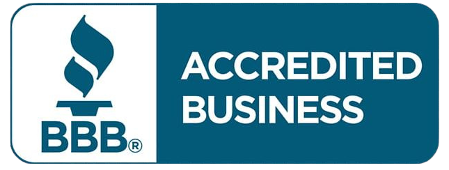 BBB Accredited Business logo, white background with a blue torch and lettering, blue section reads 