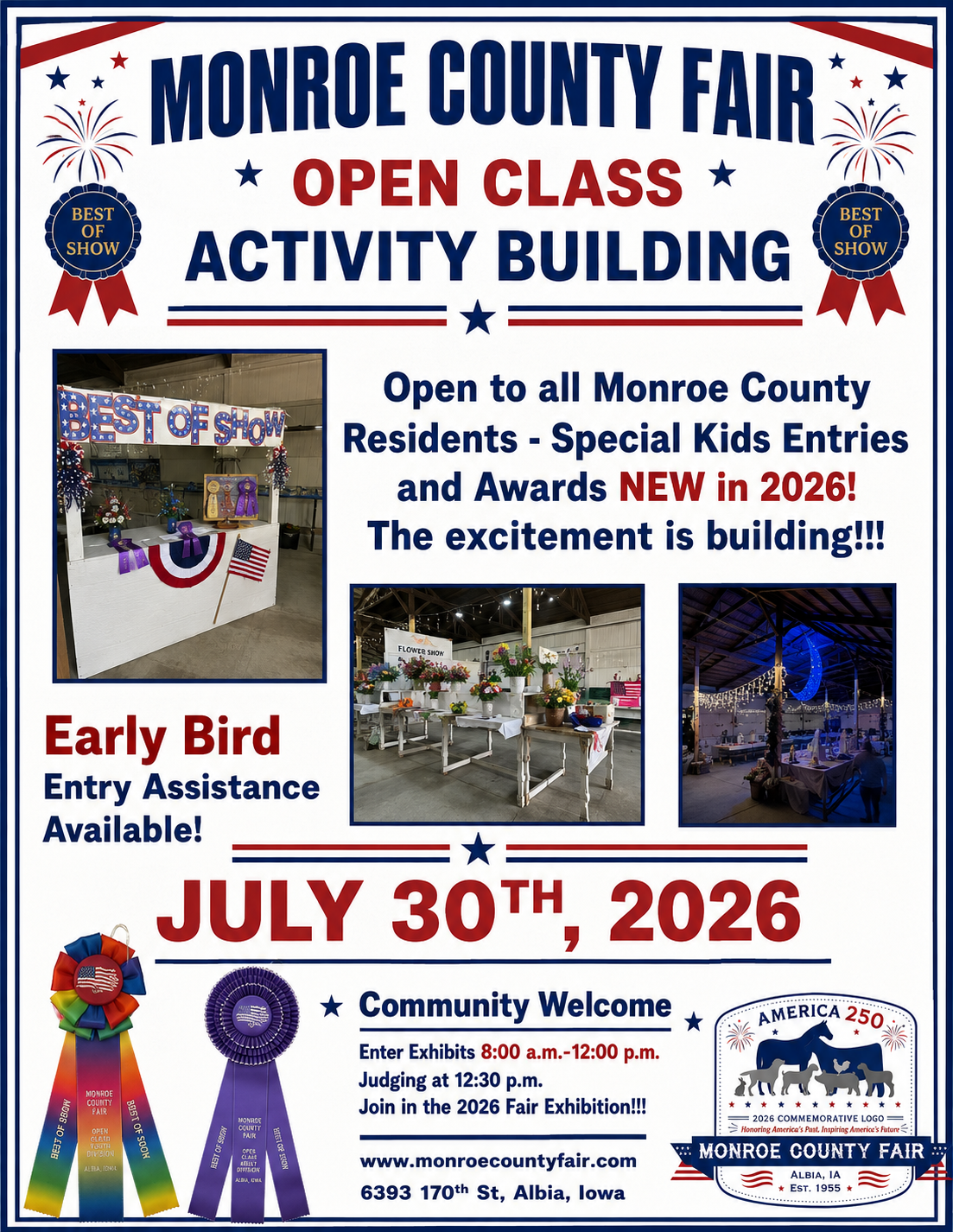 Flyer for the Monroe County Fair Open Class Activity Building on July 24, 2025, in Albia, Iowa, with exhibit info.