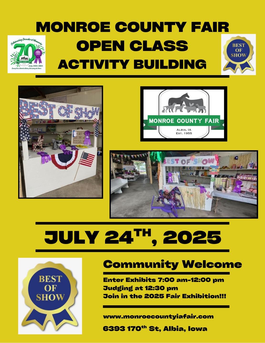 Flyer for the Monroe County Fair Open Class Activity Building on July 24, 2025, in Albia, Iowa, with exhibit info.