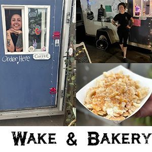 A blue coffee trailer with a person at the window, a person standing outside, and a bowl of pastry, titled Wake & Bakery.