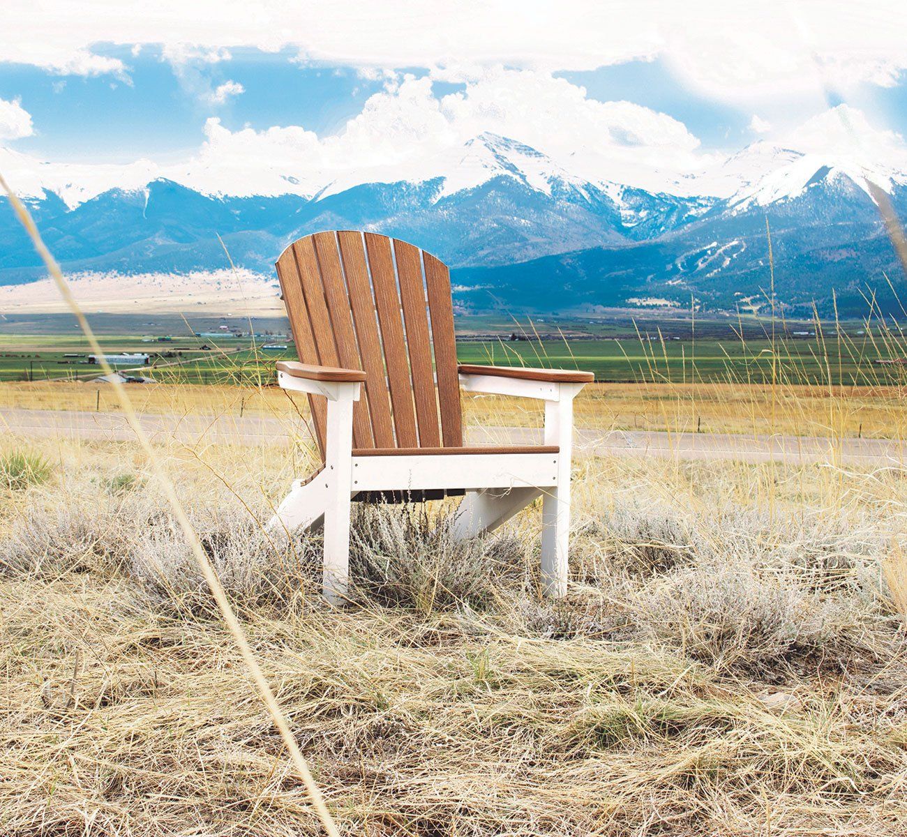 Two tone natural finish adirondak chair for outdoor relaxing made from Berlin Gardens weather resistant poly lumber