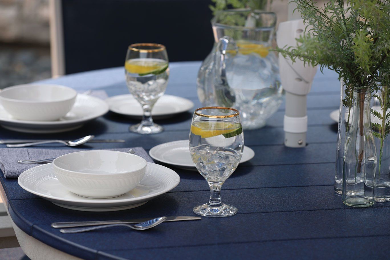 Ohio outdoor dining table setting for family meal on weather resistant durable amish poly furniture.