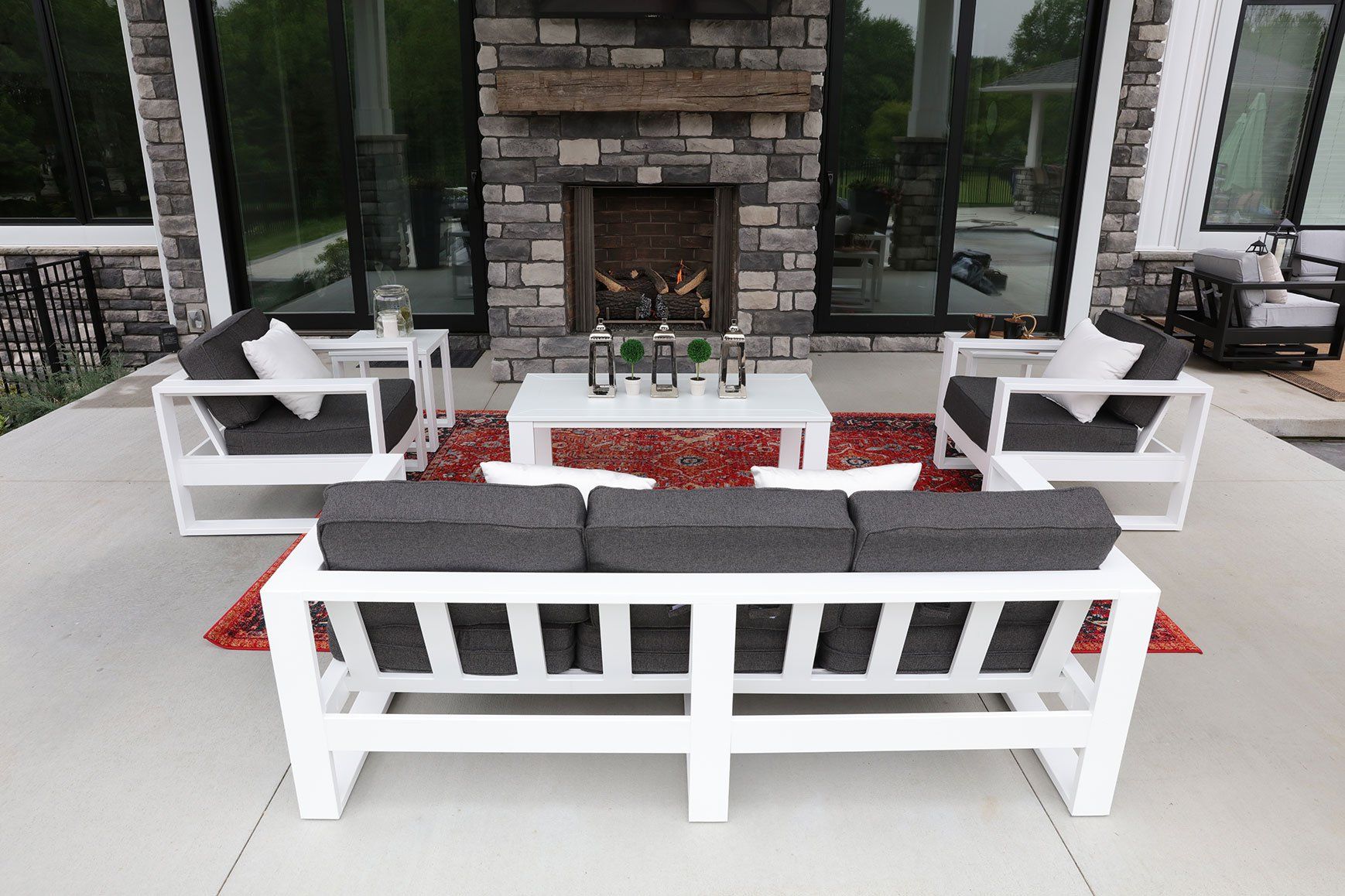Berlin Gardens nordic outdoor sofa and club chairs made from marine grade poly by Ohio outdoor fireplace