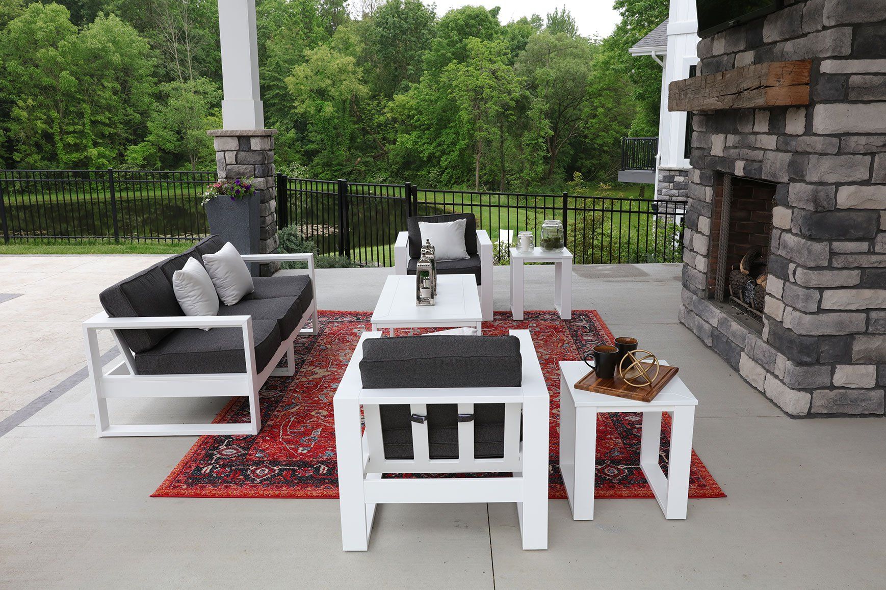 Berlin Gardens nordic sofa and club chairs by Ohio outdoor fireplace