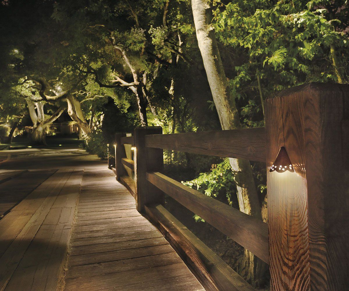 outdoor post landscape lighting on walkway fence in ohio home