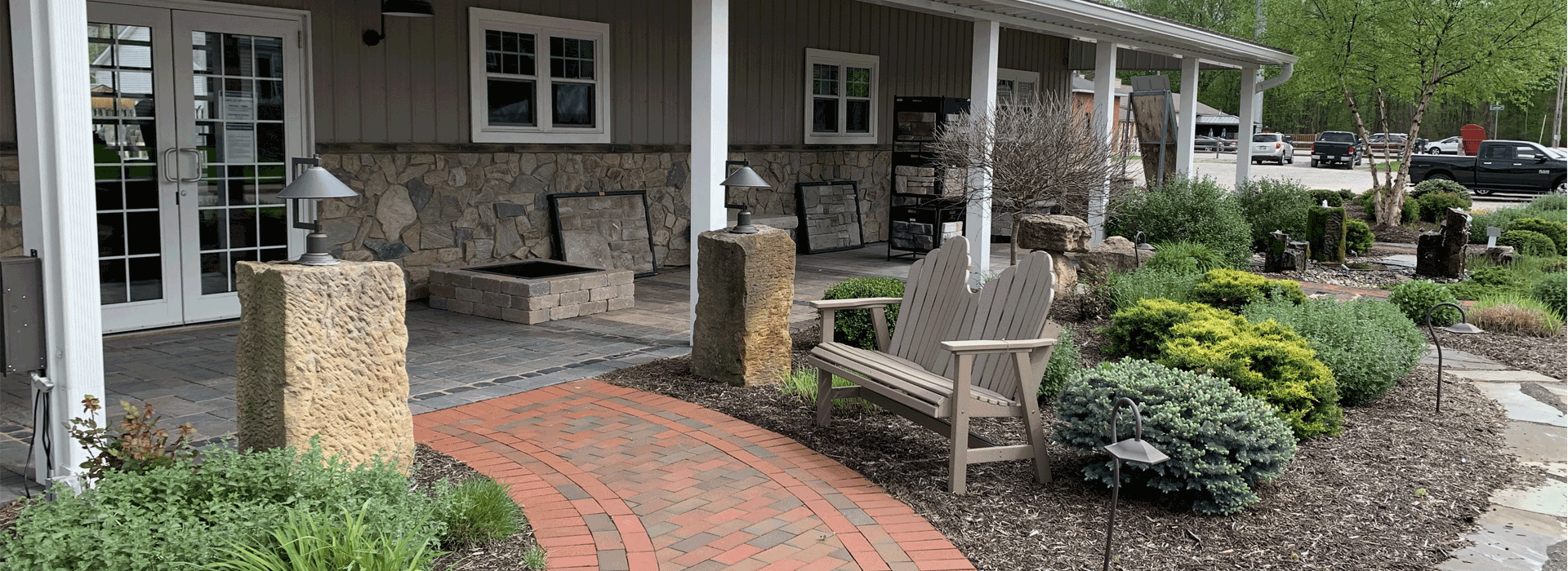 Valley City Supply Ohio showroom with patio paver block walkways and display gardens