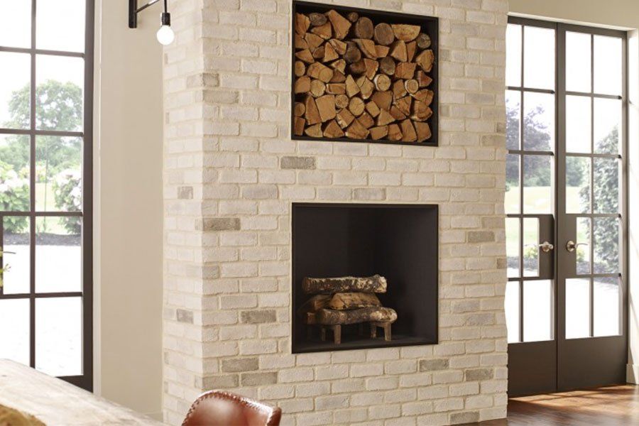 Eldorado Stone Chalkdust Thin Brick Veneer Interior Wall Fireplace