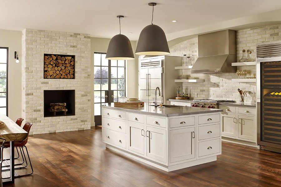 Eldorado Stone Chalkdust Thin Brick Veneer Interior Wall Kitchen and Fireplace