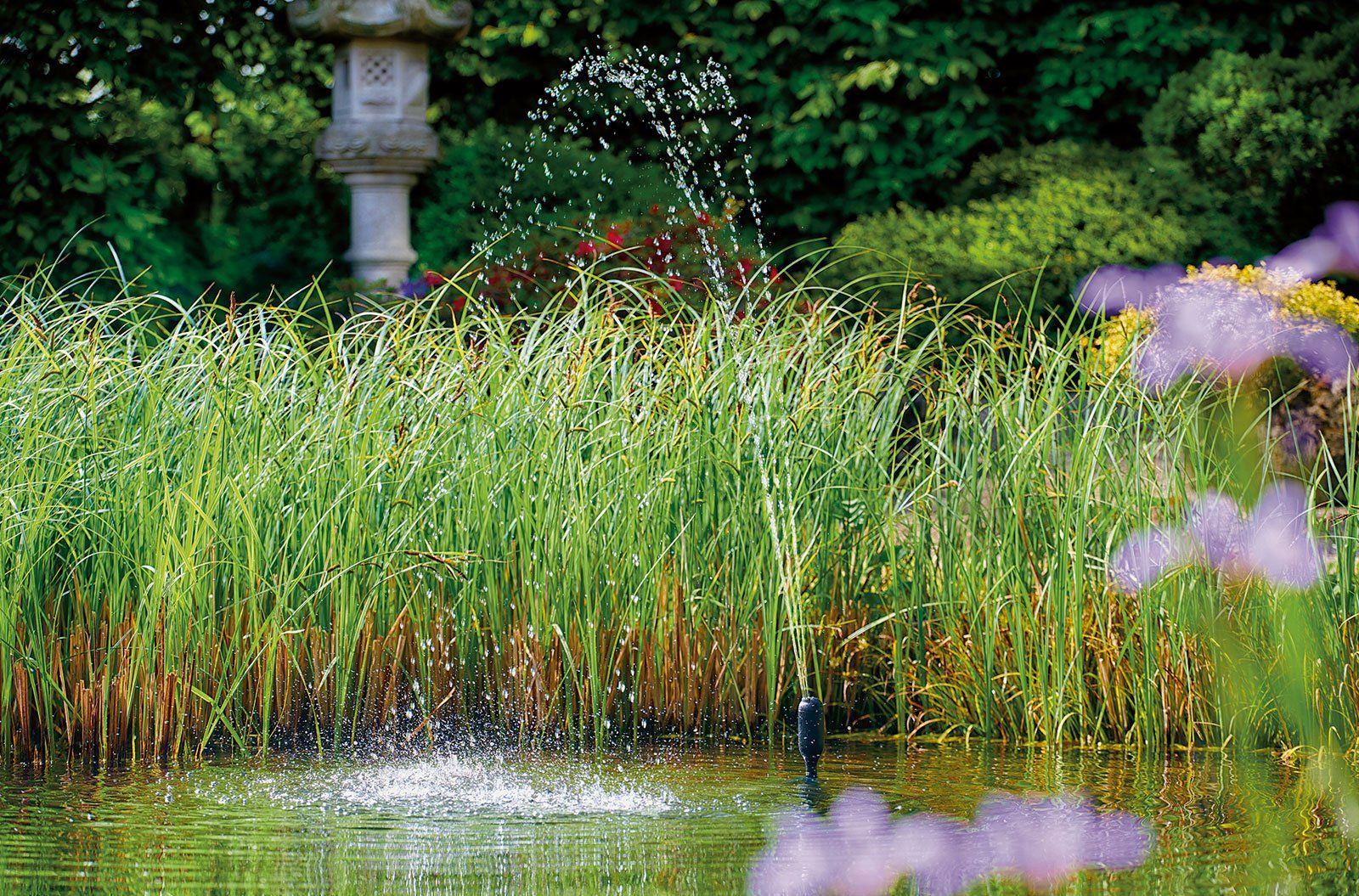 Quiet Ohio pond with aerating fountain in meadow