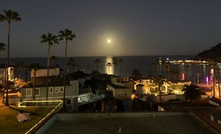 A full moon is shining over the ocean at night