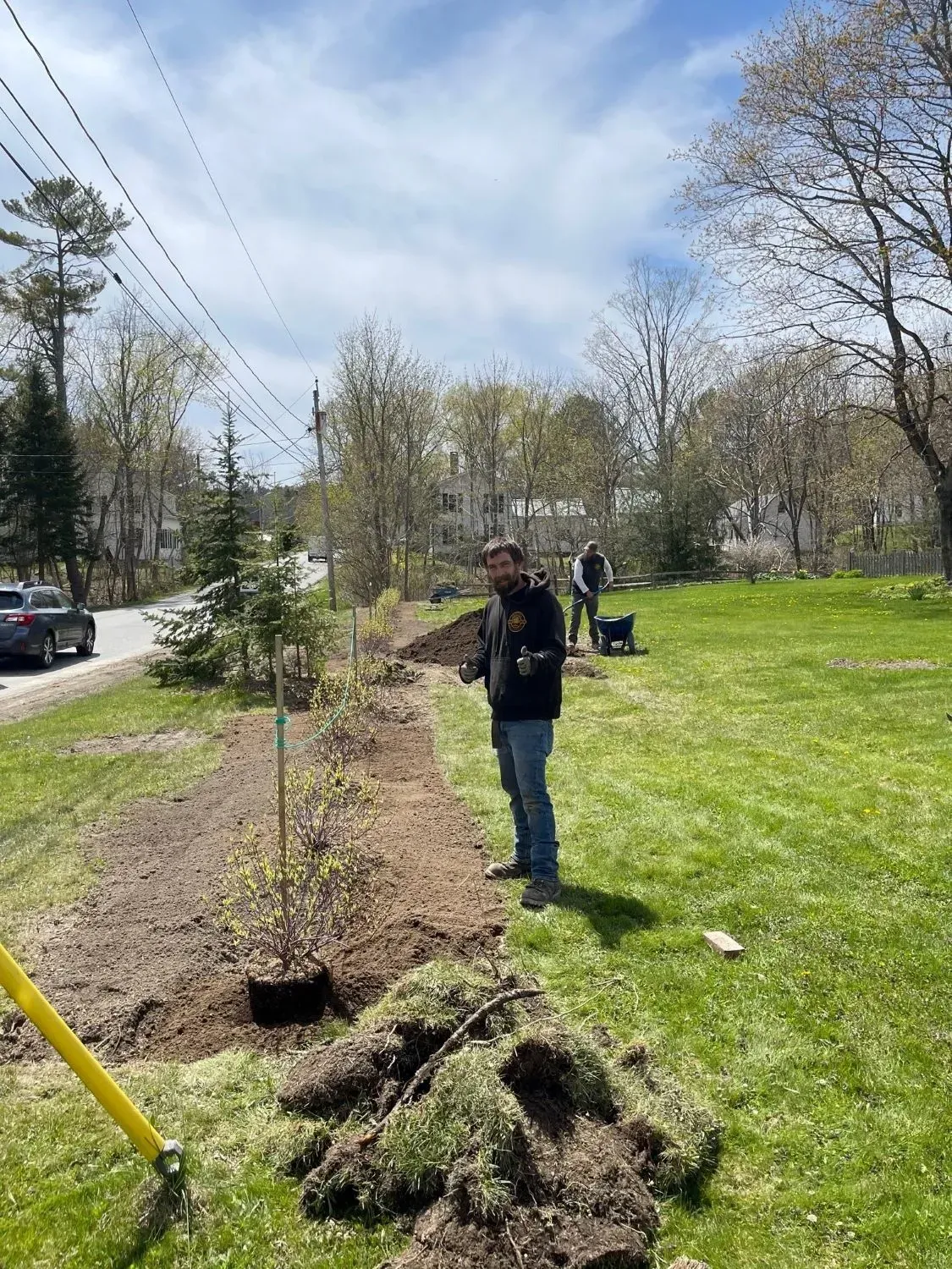Man planting trees in a yard on a sunny day, others nearby with tools.