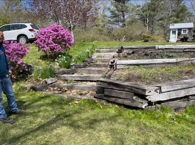 Man stands near tiered garden beds, pink flowering bushes, white SUV, small shed.