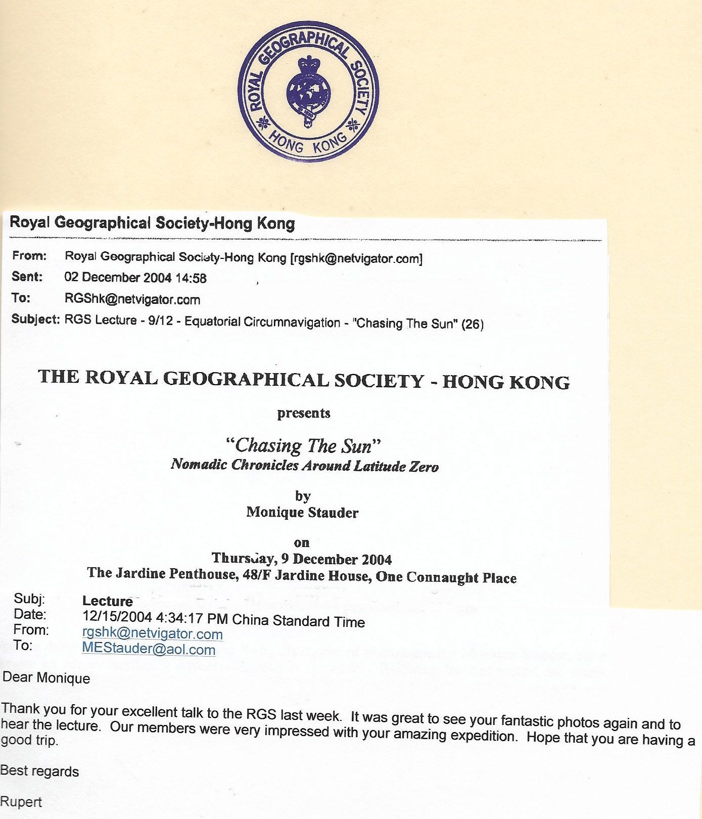Royal Geographic Society Lecture Hong Kong 2004