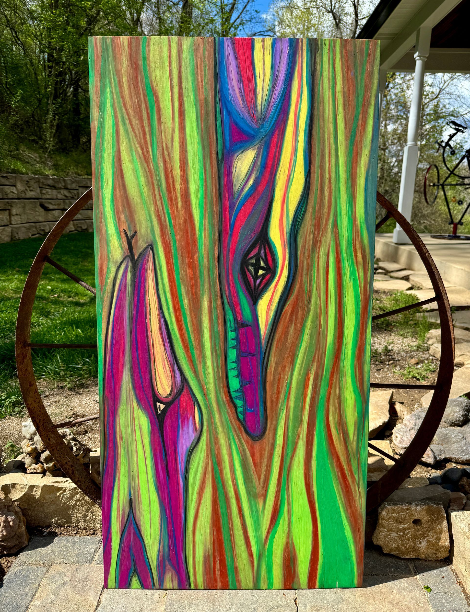 Monique Stauder's metamorphic art painting, Everglades, using oil pastels on wood.