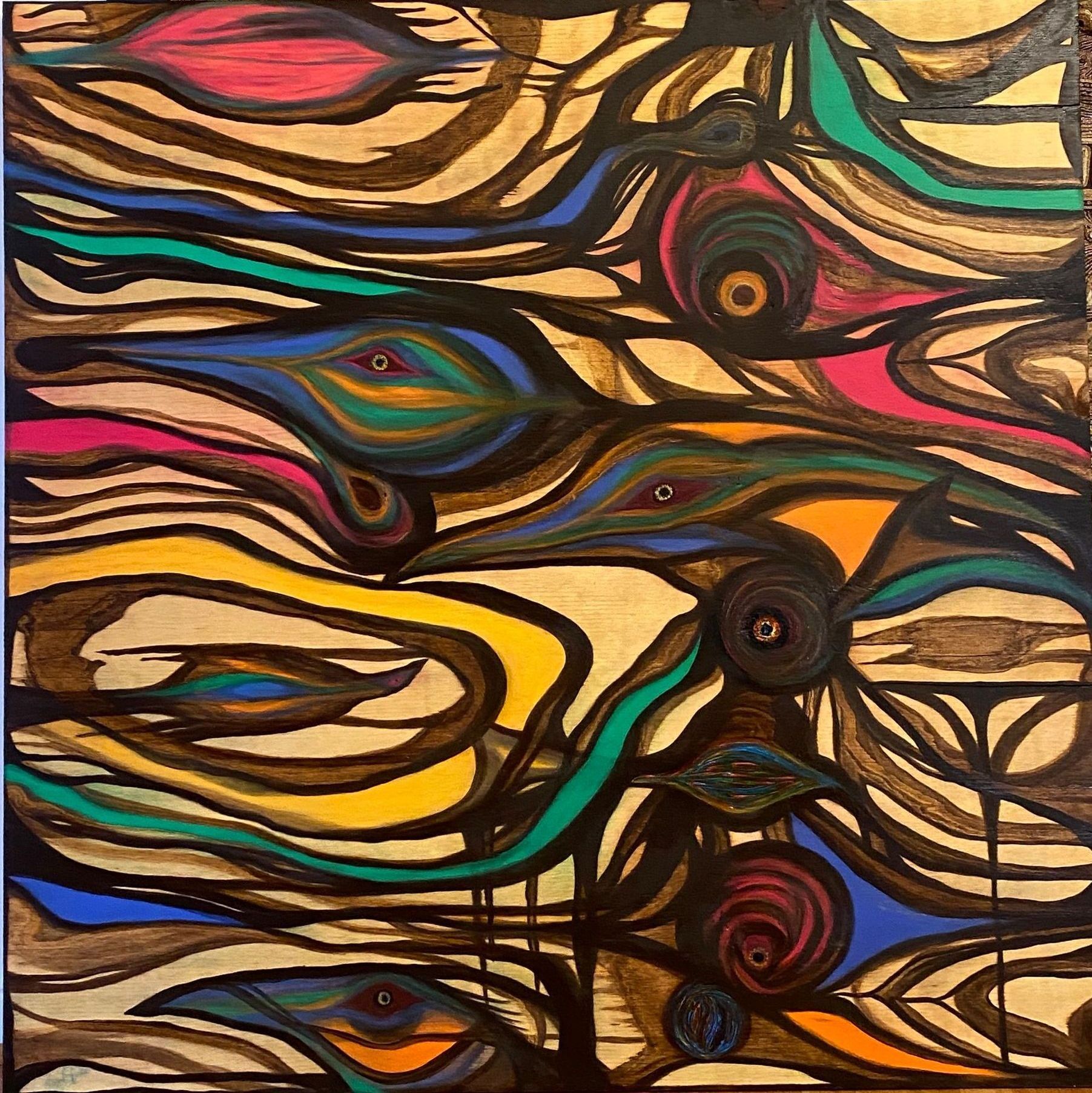 Monique Stauder's metamorphic art painting, St Louis Songbirds, using acrylic, wax, and stain on wood.