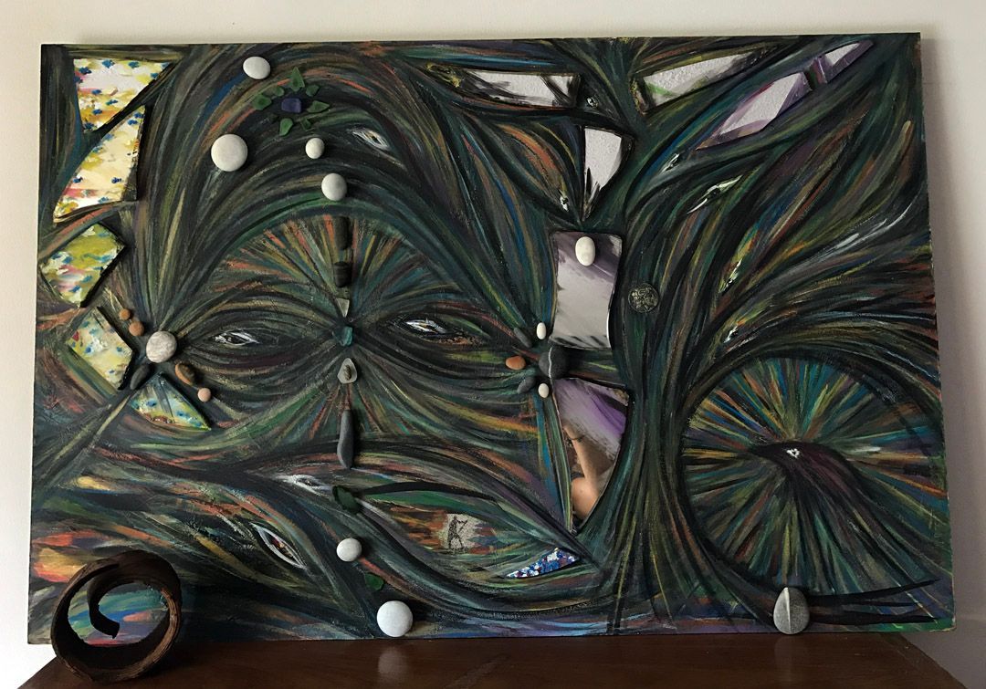 Monique Stauder's metamorphic art painting, Tshuapa River Spirits, using
Acrylics, Oil Pastels, Found Objects