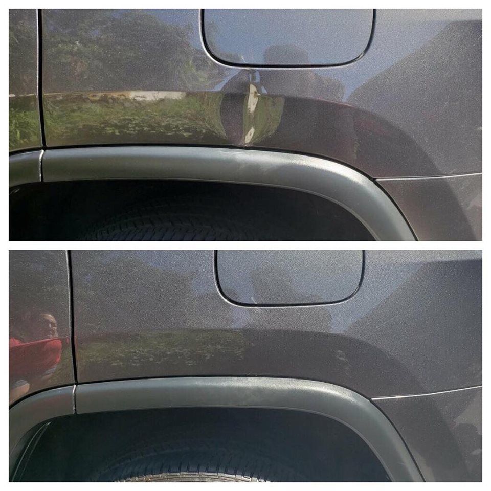 A before and after picture of a car 's fender dent repair San Rafael