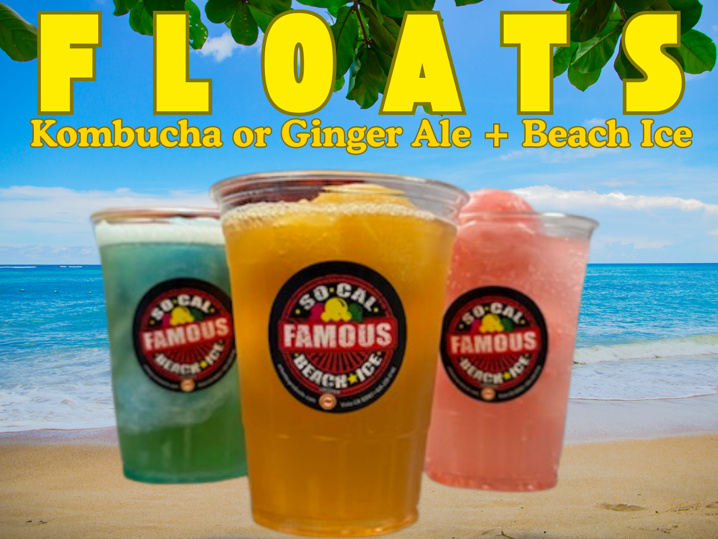 Three colorful drinks, floats made with kombucha or ginger ale + beach ice, against a beach backdrop.