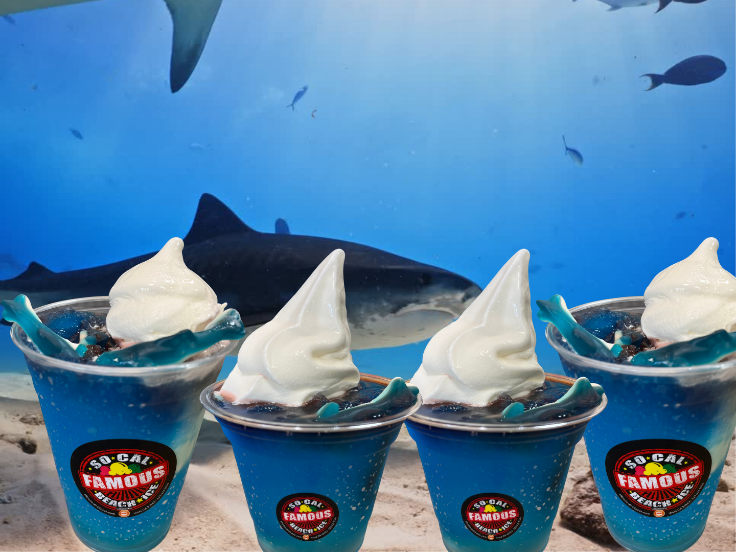 Four blue drinks topped with soft serve ice cream, shark backdrop.