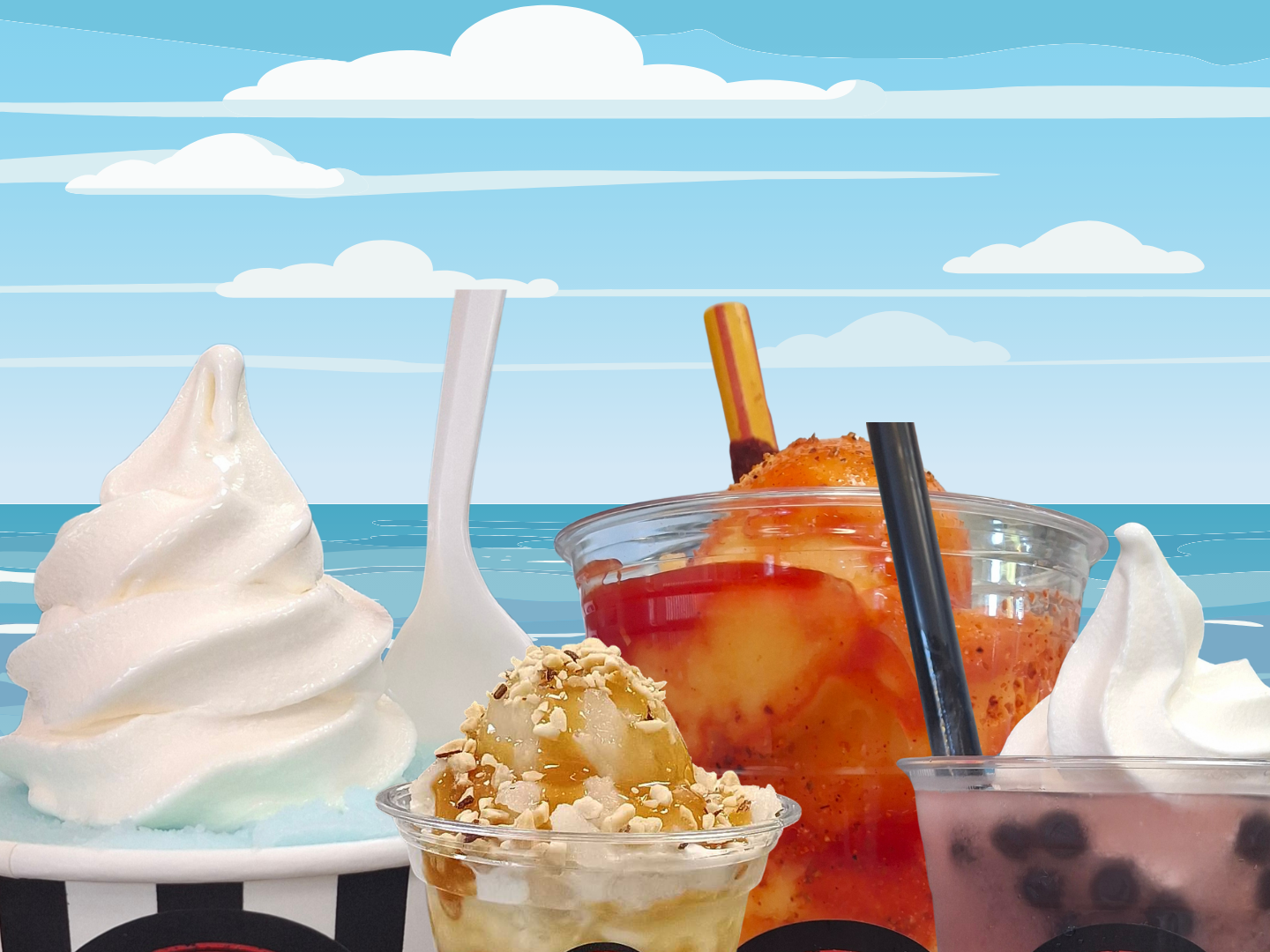 Variety of frozen desserts against a beach backdrop: soft serve, shaved ice, and boba.