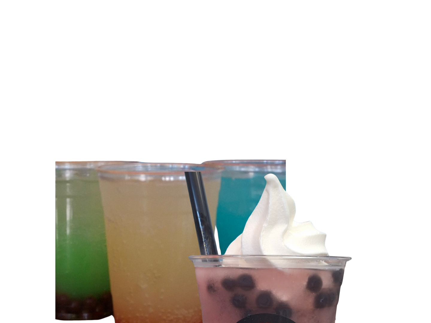 Four bubble tea drinks with various colors; one has soft-serve on top.