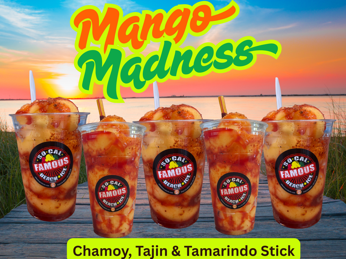 Five mango drinks with chamoy, Tajin, and tamarind sticks, set against a sunset backdrop.