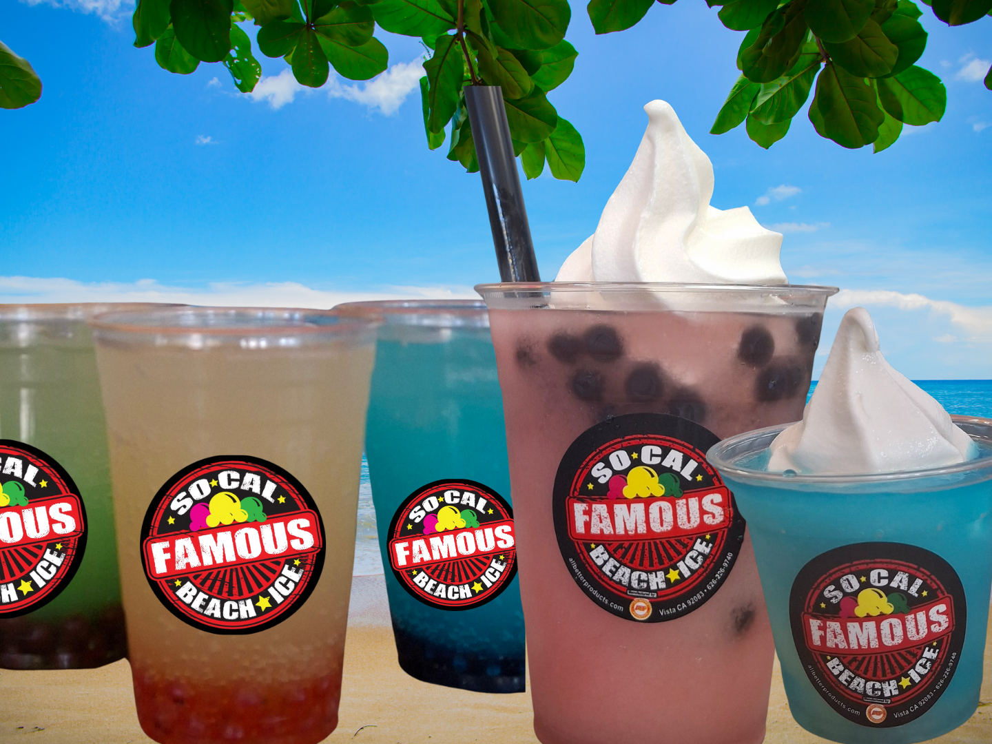 So Cal Famous Beach Ice drinks with soft serve on a beach.