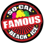 Logo for "So Cal Famous Beach Ice" with ice cream scoops and red, black, and yellow color scheme.