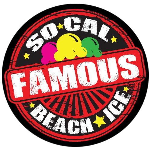 Logo for "So Cal Famous Beach Ice" with ice cream scoops and red, black, and yellow color scheme.