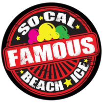 Logo for "So Cal Famous Beach Ice" with ice cream scoops and red, black, and yellow color scheme.