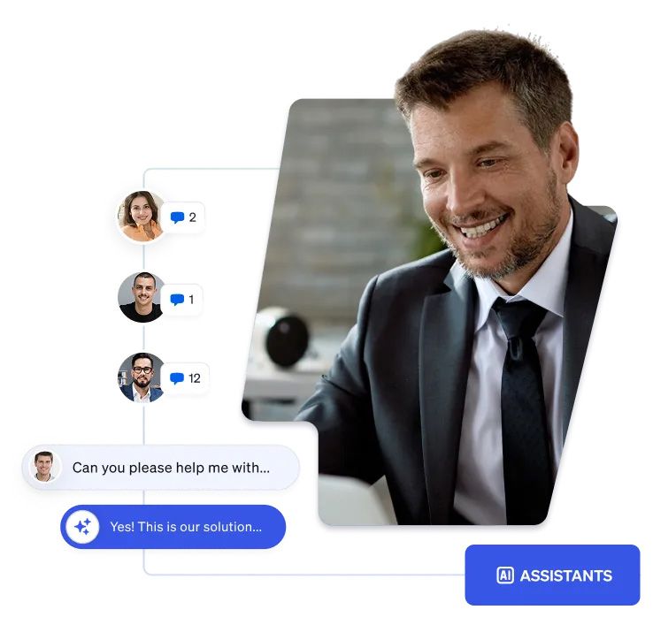 Eight diverse people interacting with devices under colorful studio lighting.