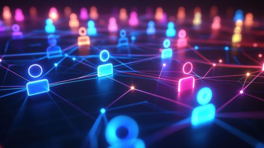 Glowing neon figures connected by lines, representing a digital social network.