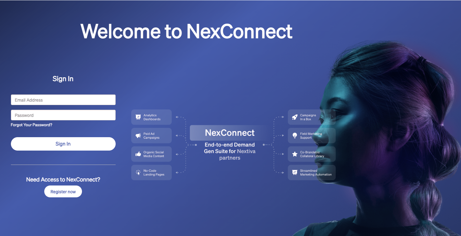 NexConnect login screen, woman's profile on a blue gradient. Username/password fields. Several icons, 