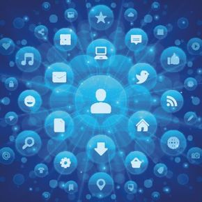 Blue network graphic of a person icon surrounded by connected social media and technology icons in bubbles.