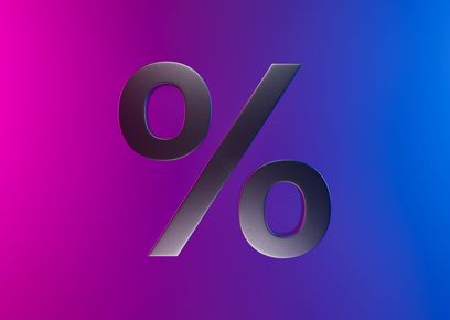 Percentage symbol on a purple and blue gradient background.