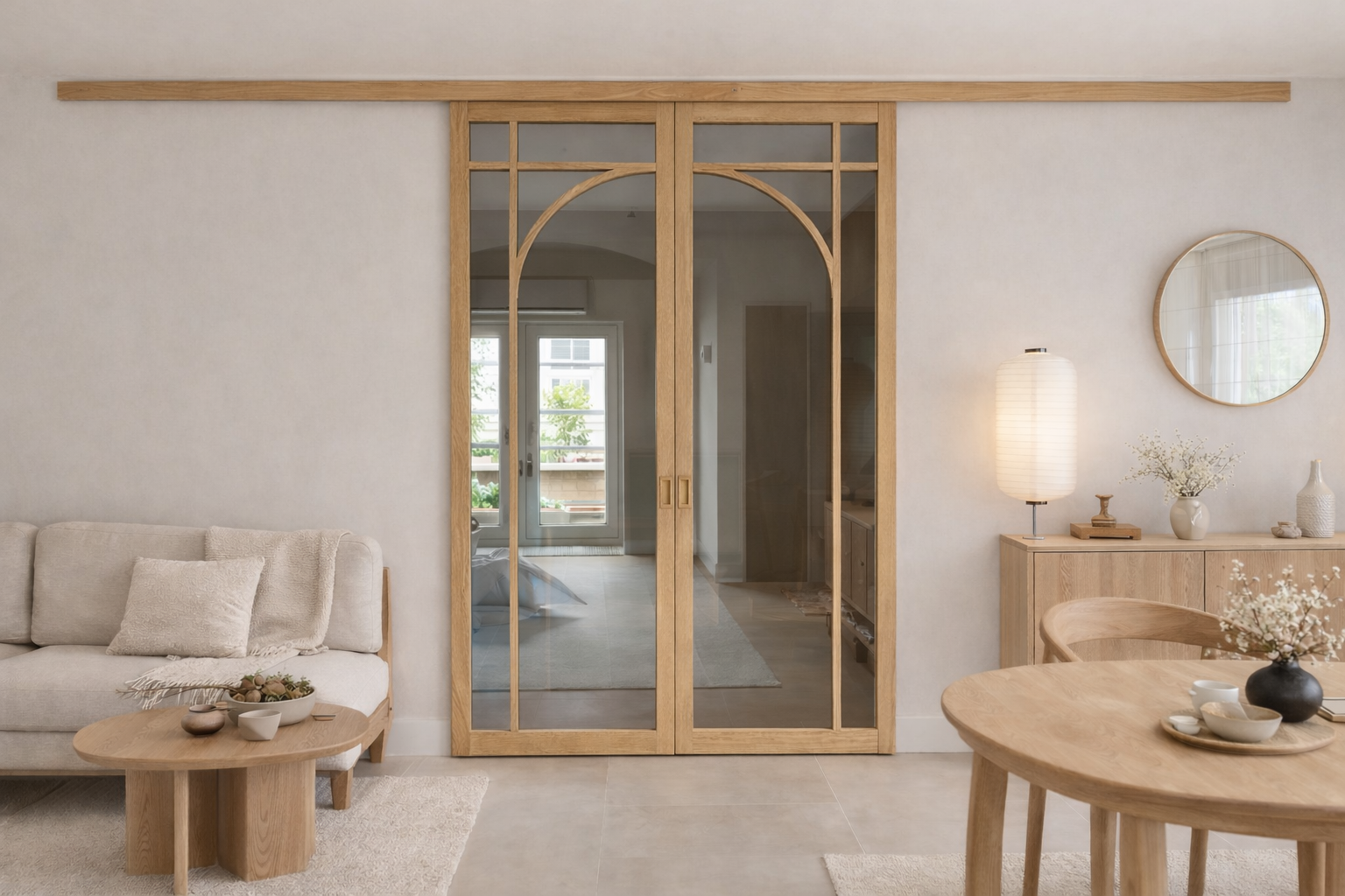 Dubbele eiken schuifdeur met glas, op maat gemaakt naar wens van de klant.