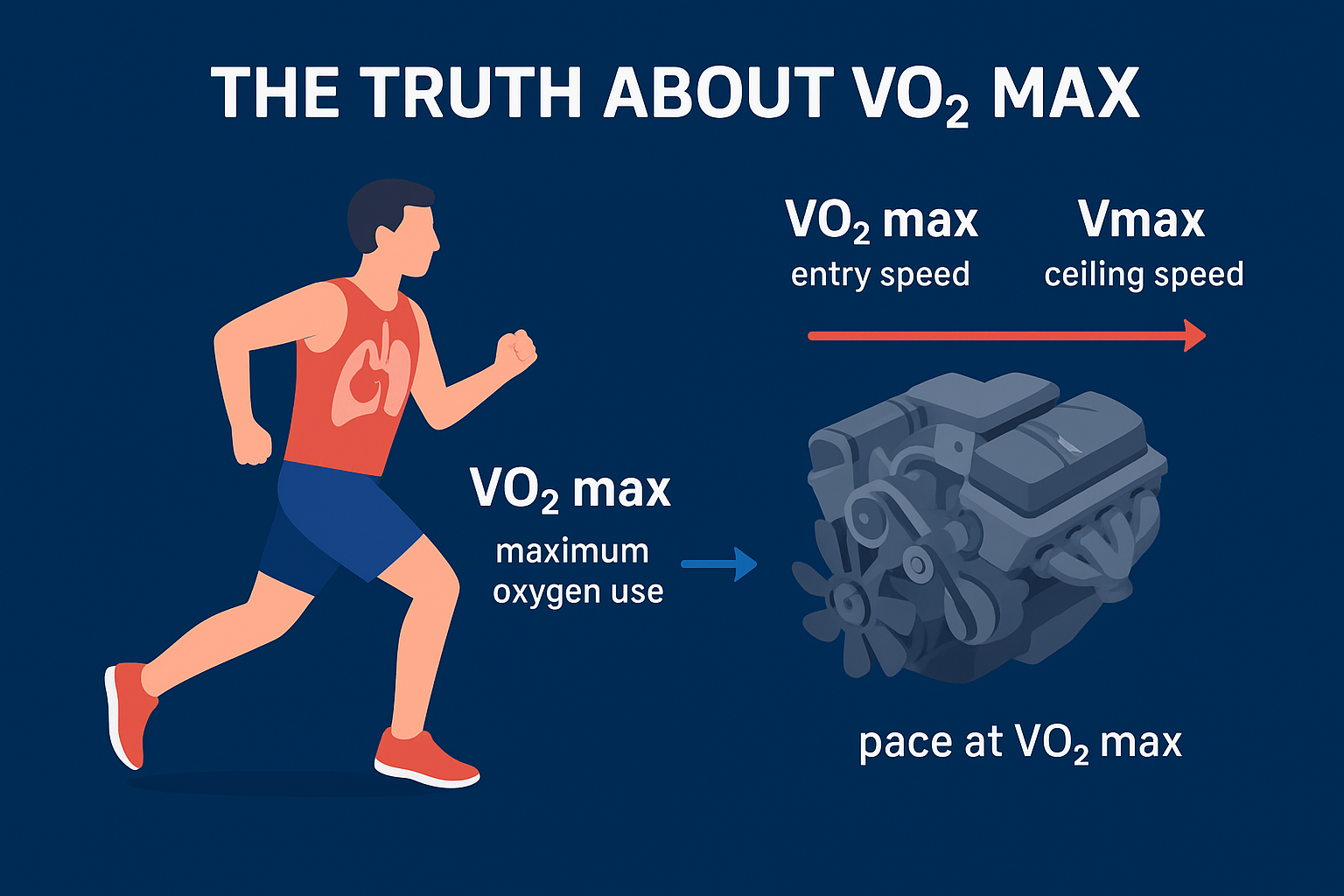 Runner illustrating VO2 max concept, with an engine and text defining entry and ceiling speed.