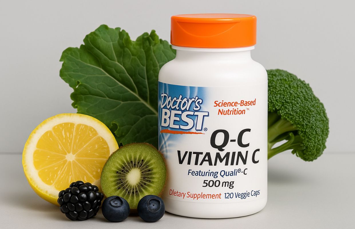 A bottle of doctor 's best q-c vitamin c surrounded by fruits and vegetables