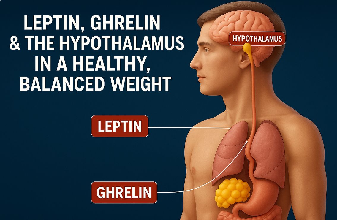 A diagram of leptin ghrelin and the hypothalamus in a healthy balanced weight