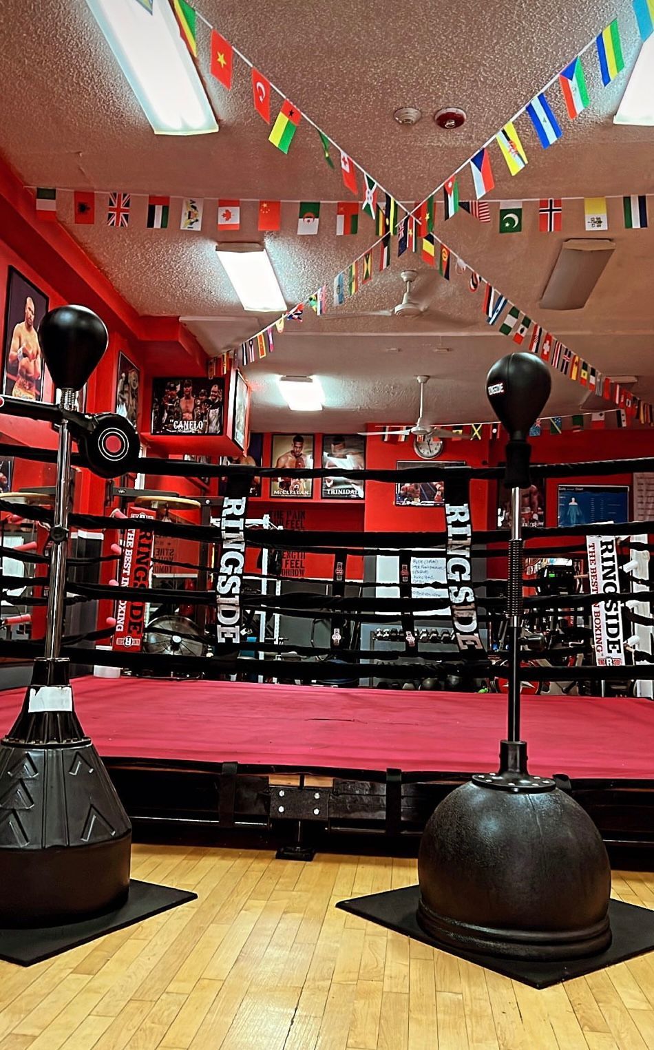 A boxing ring in a gym with flags hanging from the ceiling.