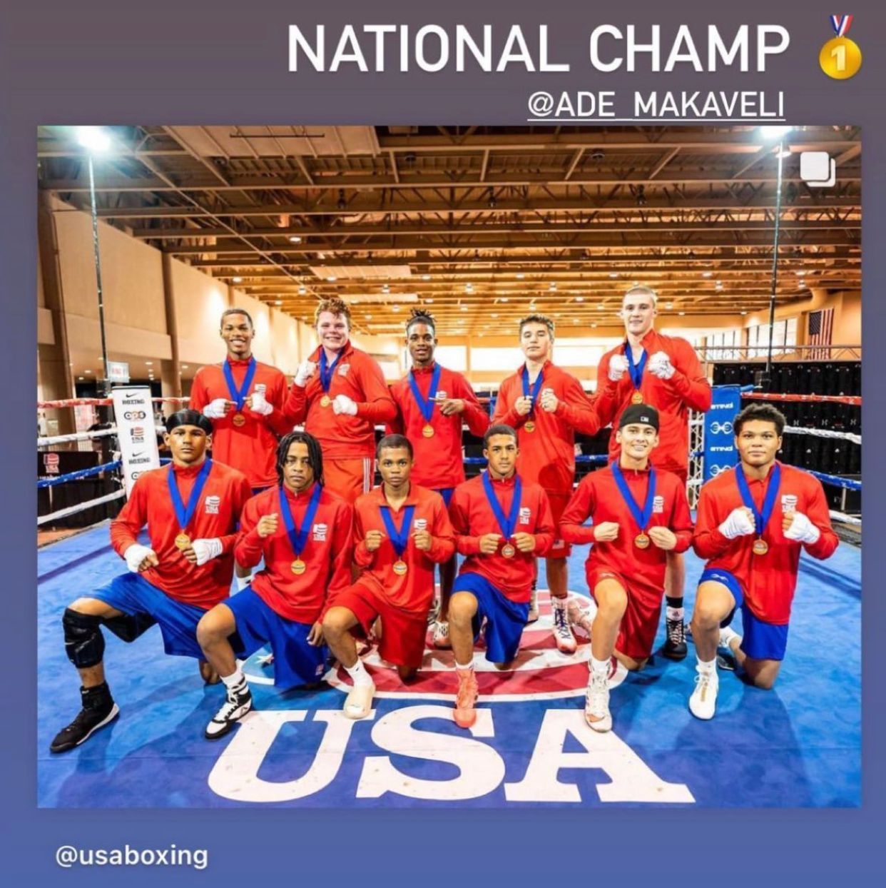 A group of boxers are posing for a picture in front of the usa logo