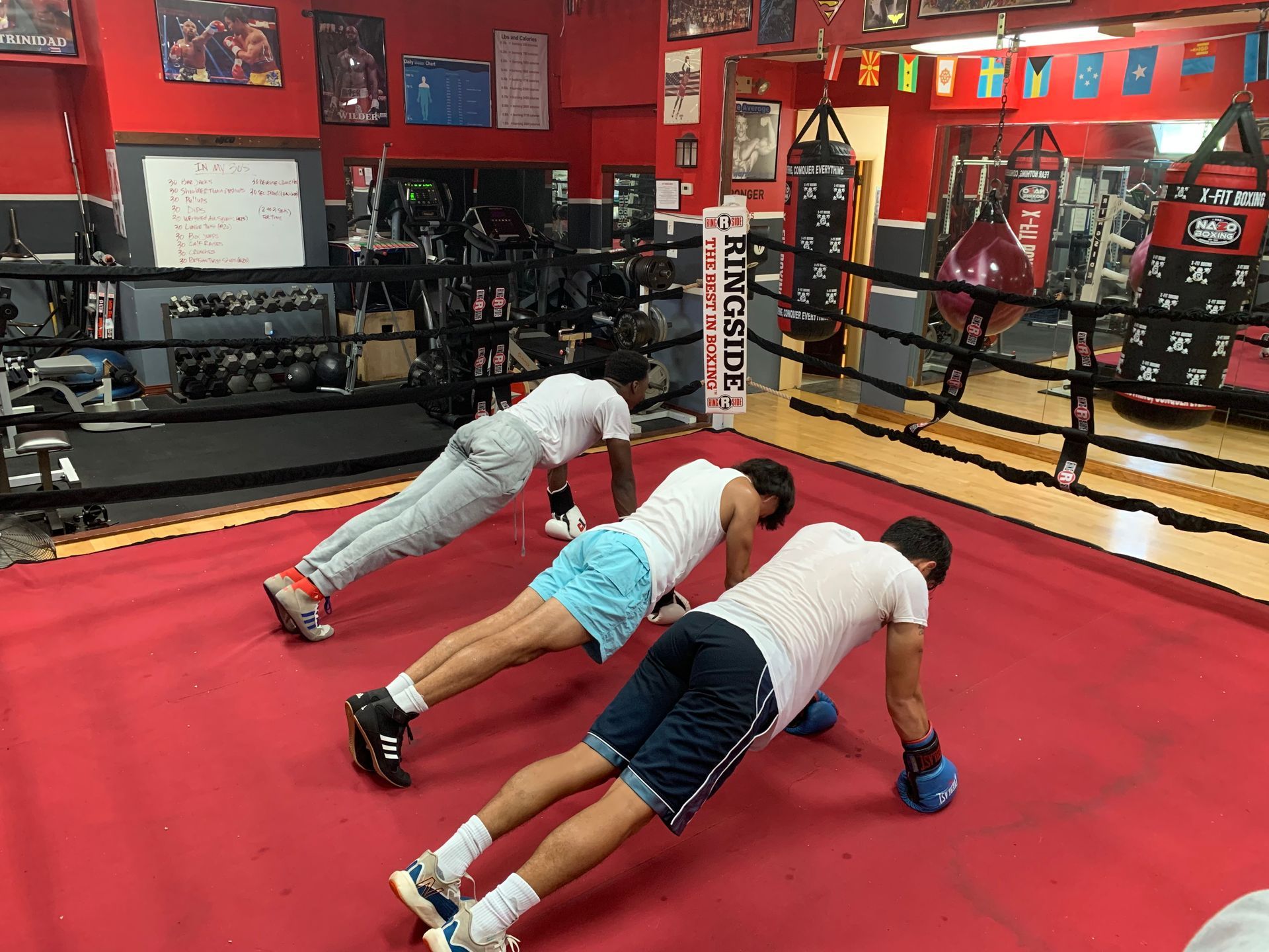 A man is standing next to two young boys wearing boxing gloves.