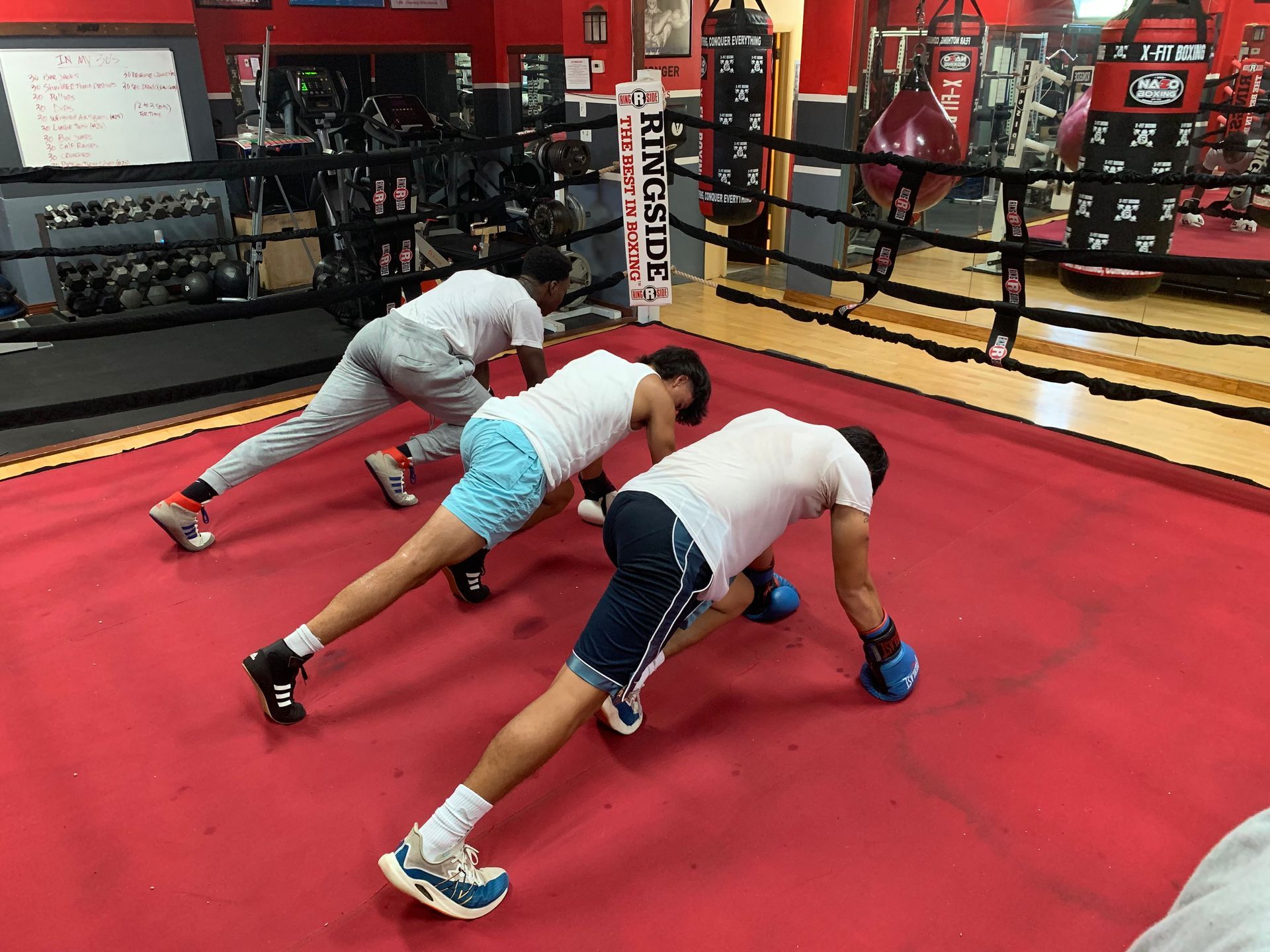 A man is standing next to two young boys wearing boxing gloves.