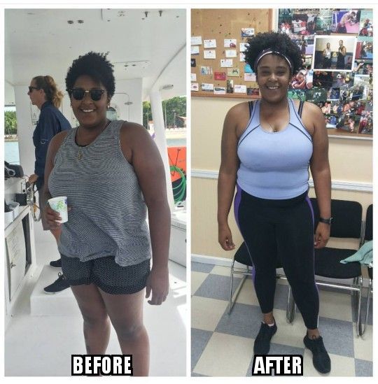 A before and after photo of a woman 's weight loss