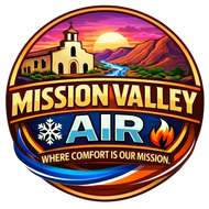 Logo for Mission Valley Air featuring a mission building, landscape, snowflake, and flame with the text "Where comfort is our mission."
